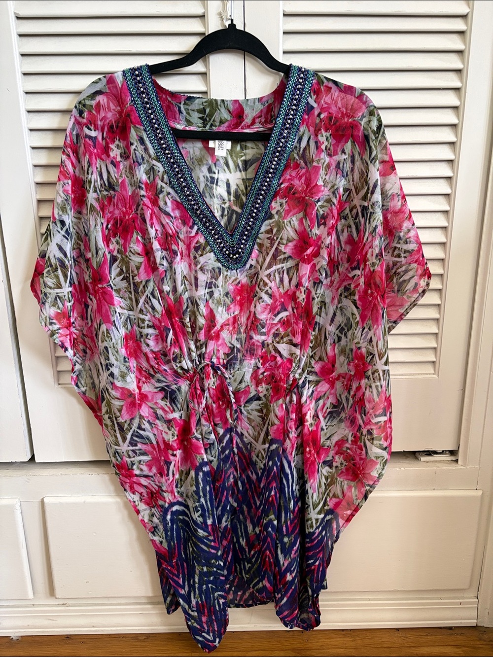 Badgley Mischka Pink Floral Beaded V-Neck Swim Coverup